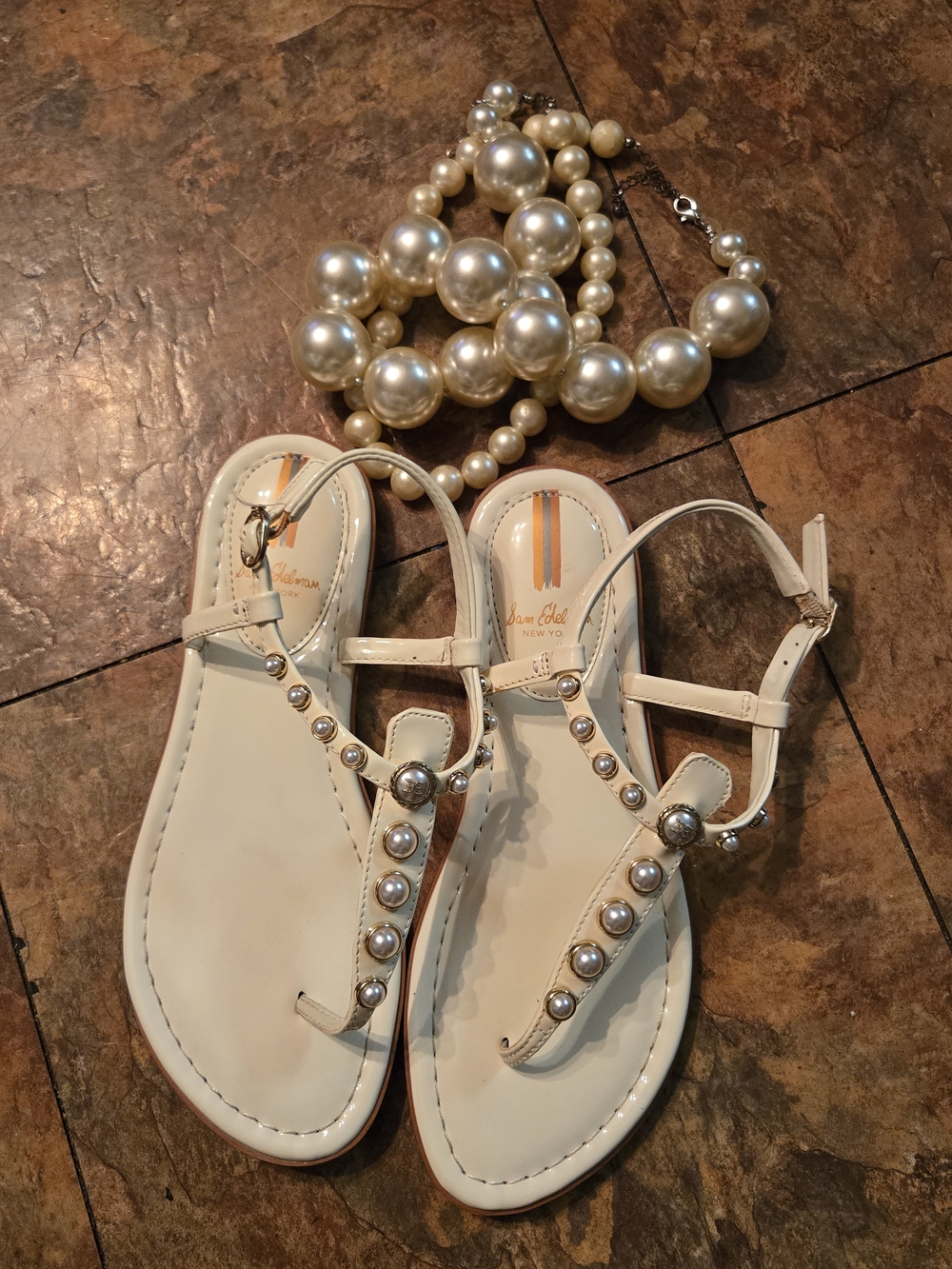 Sam Edelman Cream  Faux  Pearl-Embellished T-Strap Sandals